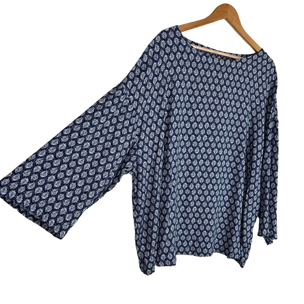 Pure Jill Top XL Blue White Batik Print Loose Wide Sleeve Boat Neck Comfy Travel